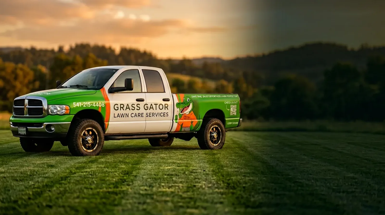 Grass Gator Lawn Care service truck on a freshly mowed lawn in Medford, Oregon